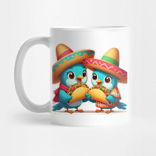 cute love birds are eating Mexican specialties, Tacos, Burritos, Enchiladas, Quesadillas, Guacamole, Fajitas, Chiles Rellenos, Tamales, Mole, Chilaquiles, Mug